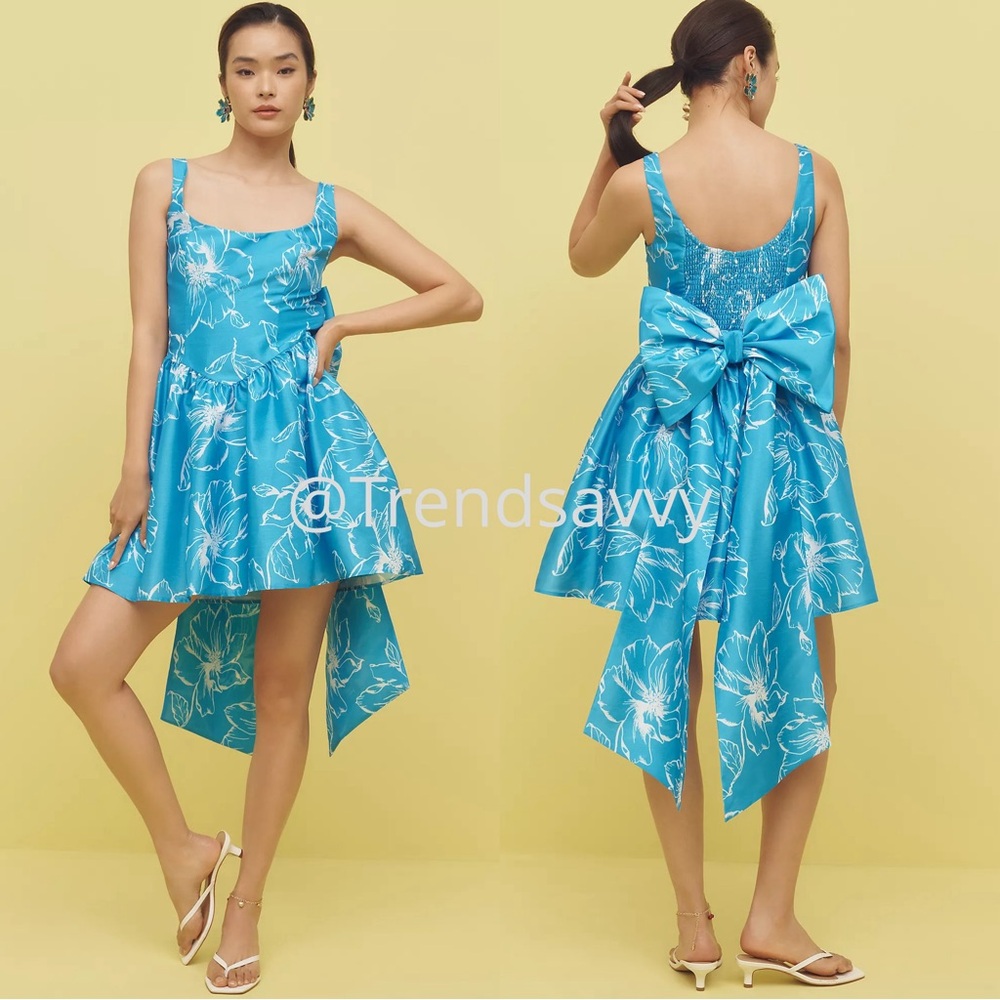 Anthropologie Hutch Blue Floral Basque Waist Back Bow High Low Mini Dress Medium - Picture 1 of 5